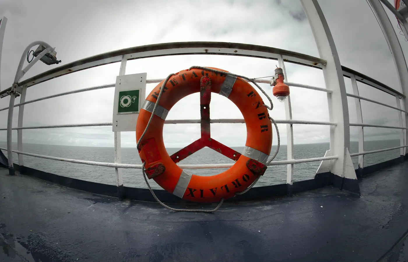 A lifebuoy on a ship's rail