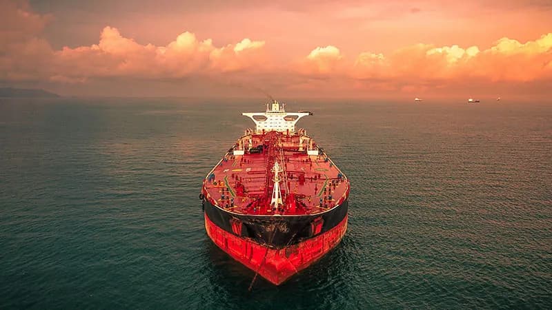 A tanker at anchor at sunset